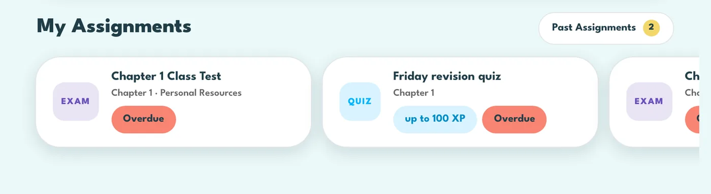 My Assignments, with due date pills on each piece of work