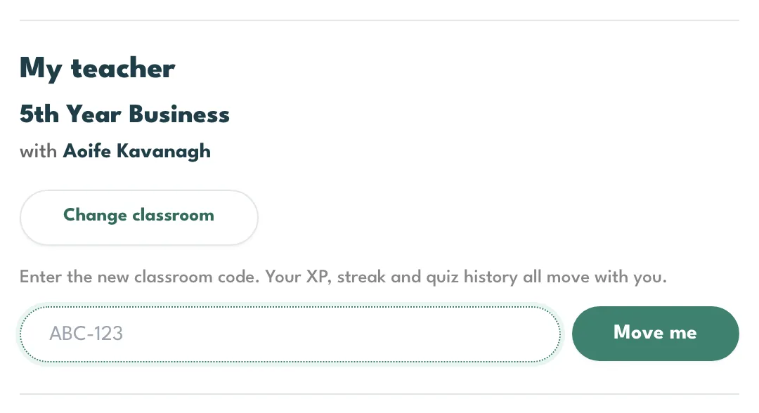 Change classroom opened in Settings, with the box for the new code