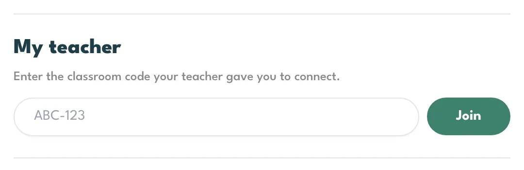 The My teacher section in Settings, where a classroom code goes