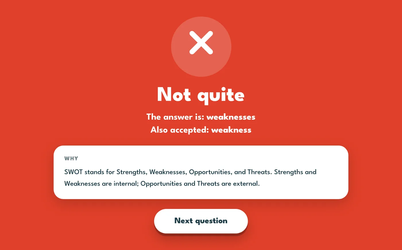 The screen after an answer, showing the correct answer and why