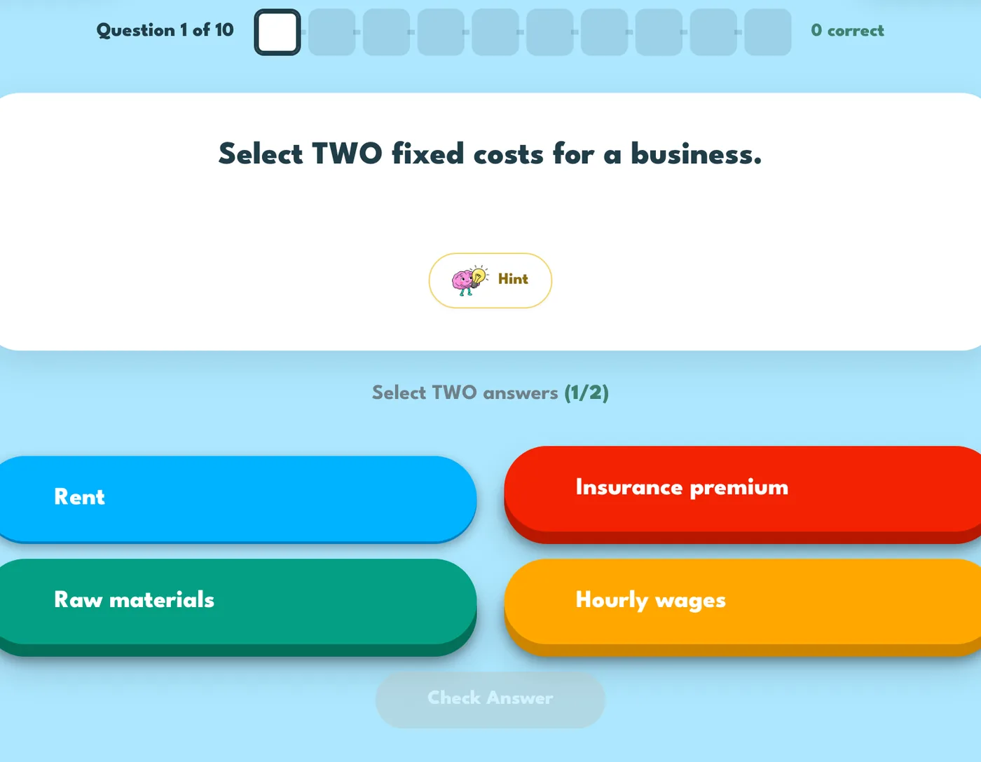 A quiz question with the Hint button