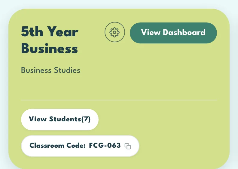 A classroom card with its classroom code
