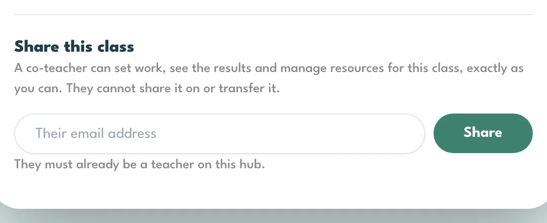 Classroom settings, with Share this class