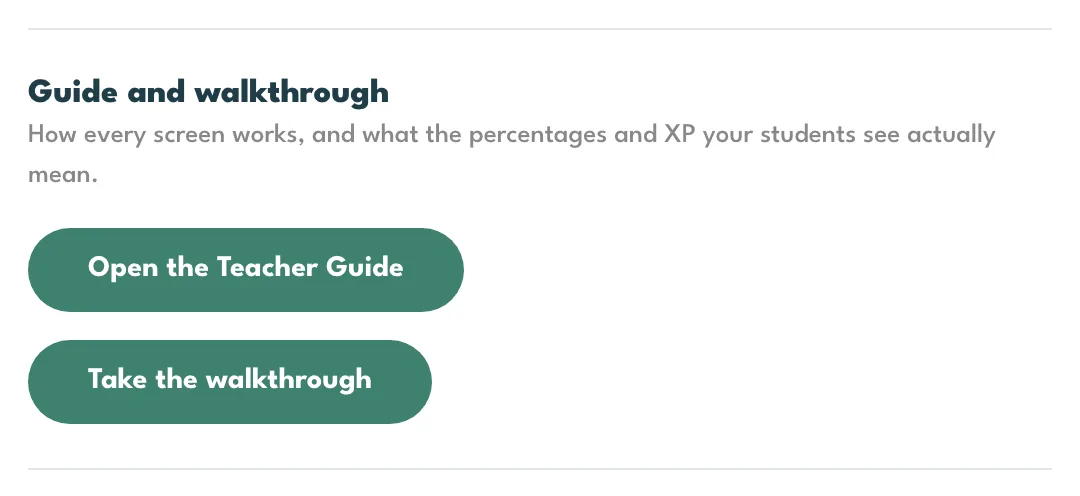 The Guide and walkthrough section in My settings, with Open the Teacher Guide