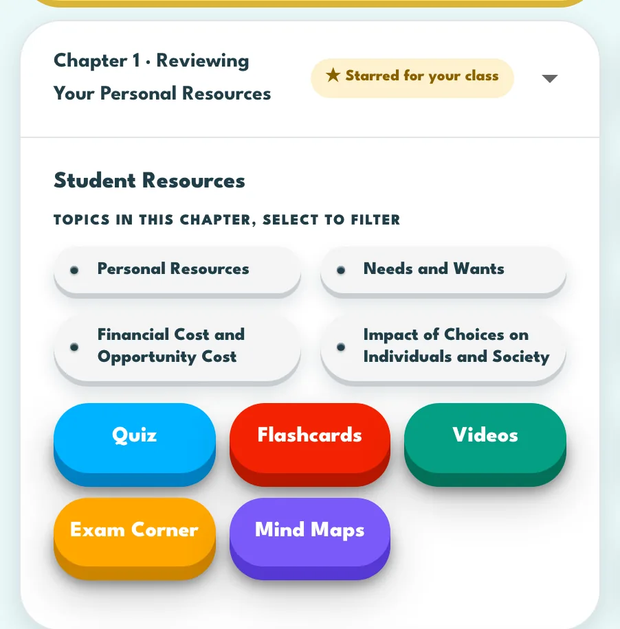 A chapter card in Students View with the student activity tiles