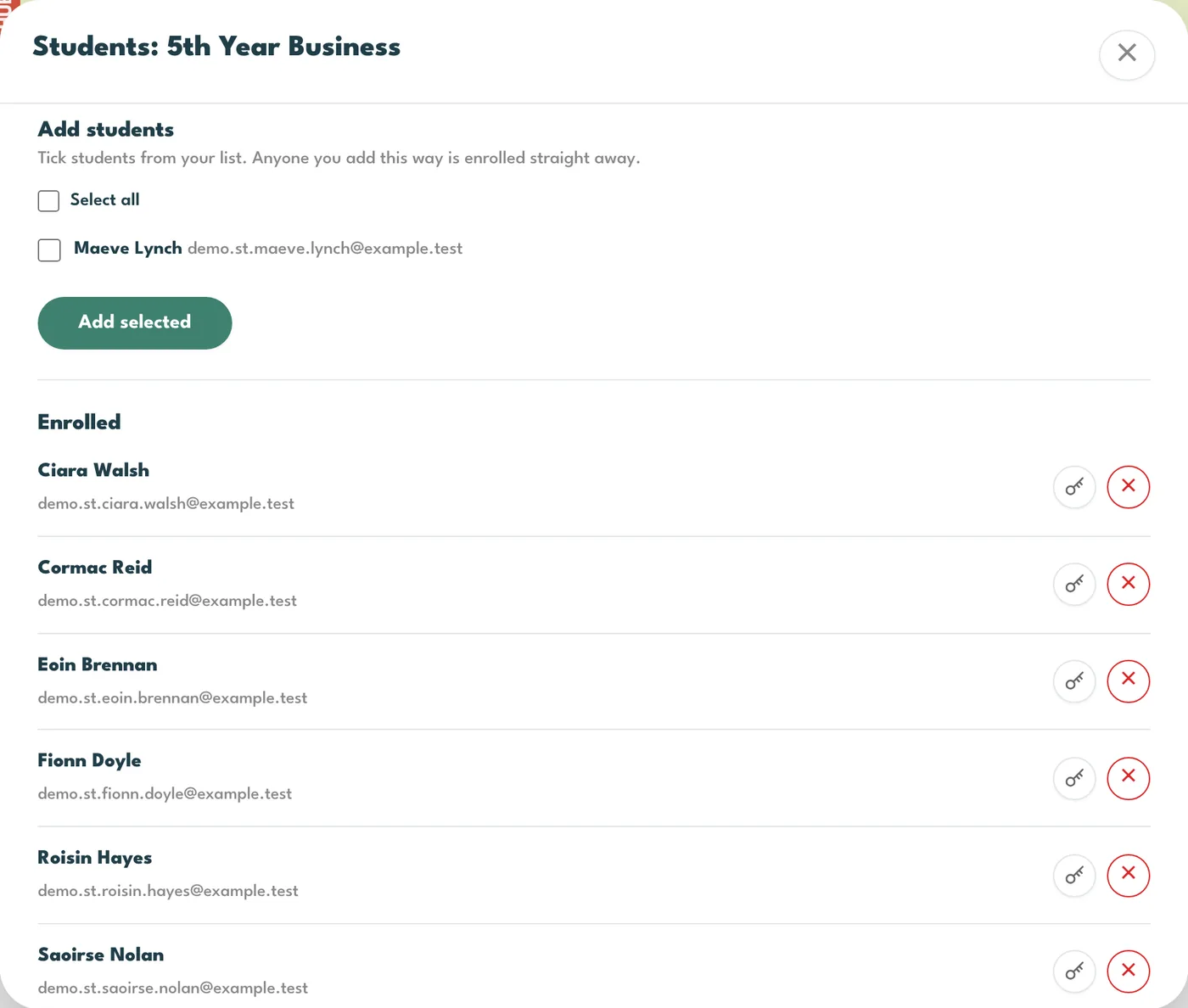 The class list, with Add selected and the enrolled students