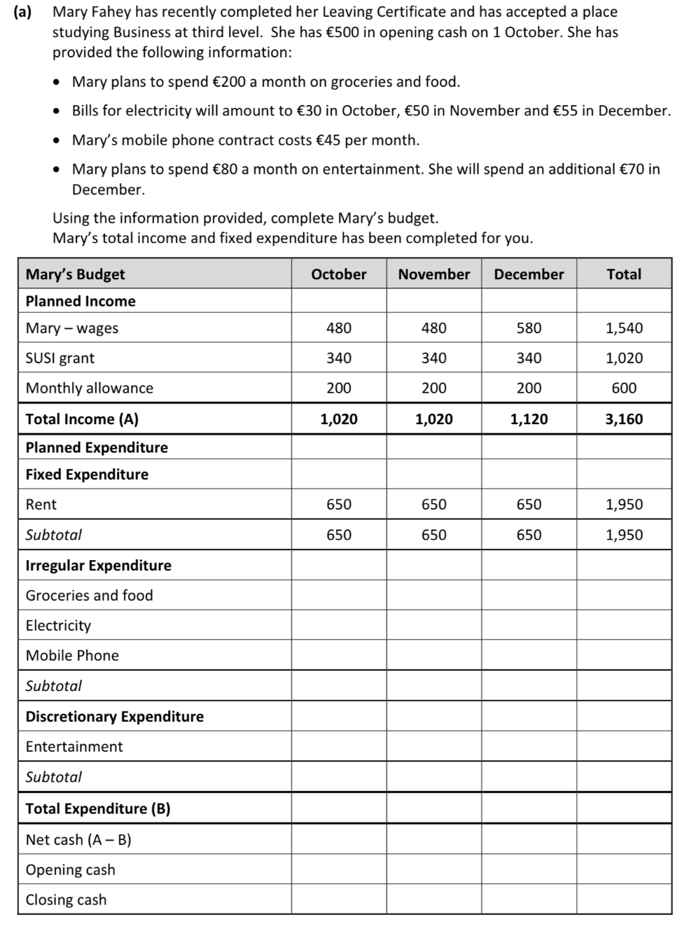 2024 Q18a Mary Fahey budget table from exam paper